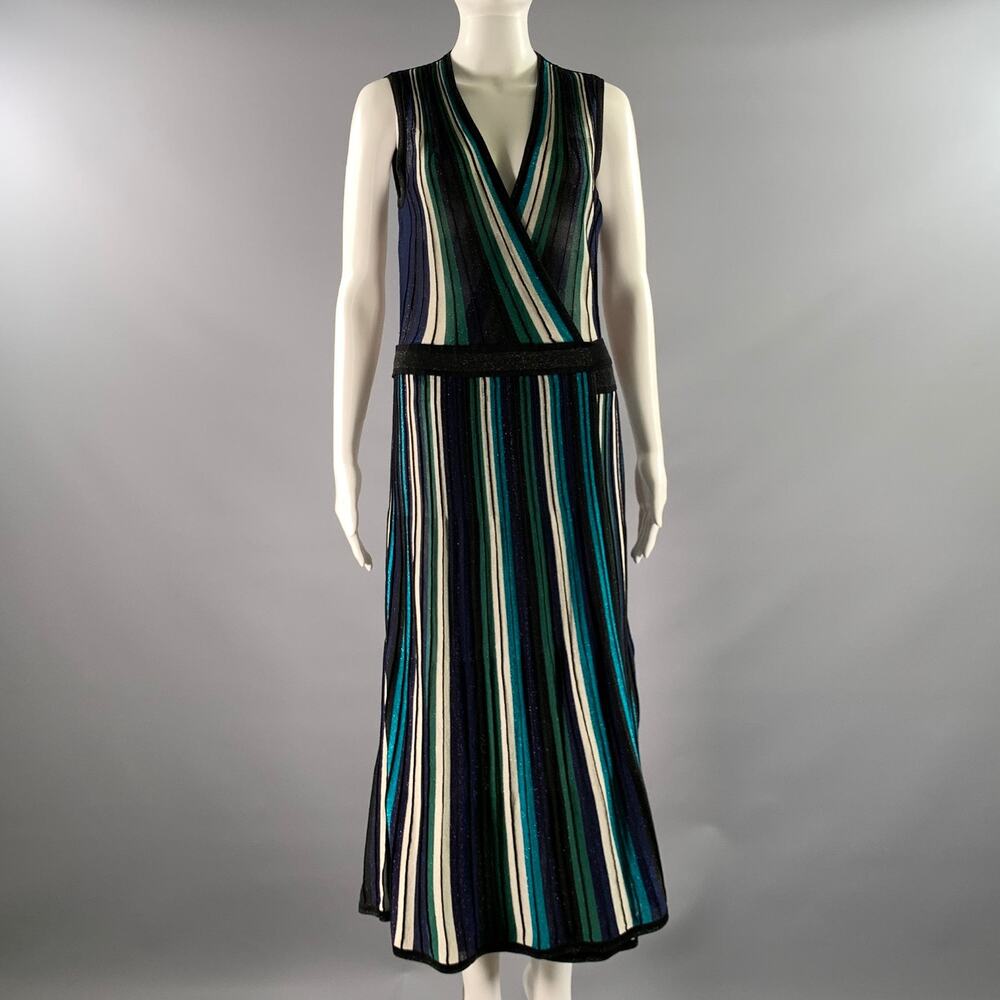 DIANE VON FURSTENBERG Size M Black Green Silk Blend Stripe Wrap Mid-Calf Dress